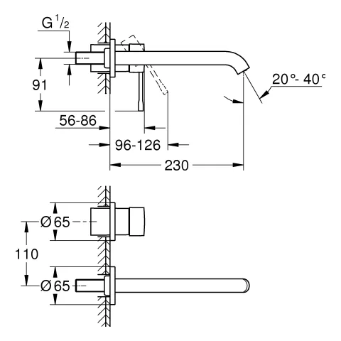 2-Loch-Waschtischbatterie Essence 29193_1, Wandmontage, Fertigmontageset für 23 571, Stichmaß 110 mm, Ausladung 230 mm, Professional Edition, chrom 2-Loch-Waschtischbatterie Essence 29193_1, Wandmontage, Fertigmontageset für 23 571, Stichmaß 110 mm, Ausladung 230 mm, Professional Edition, chrom