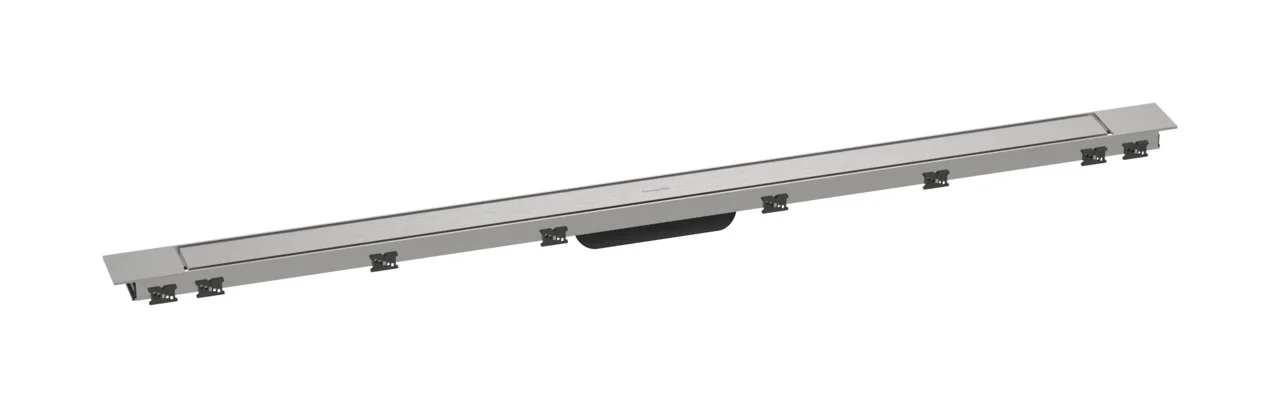 Hansgrohe RainDrain Match Plus Duschrinne Fertigset, Edelstahl gebürstet, 1200 mm Länge, höhenverstellbarer Rahmen (7–18 mm), bis zu 60 l/min Ablaufleistung
