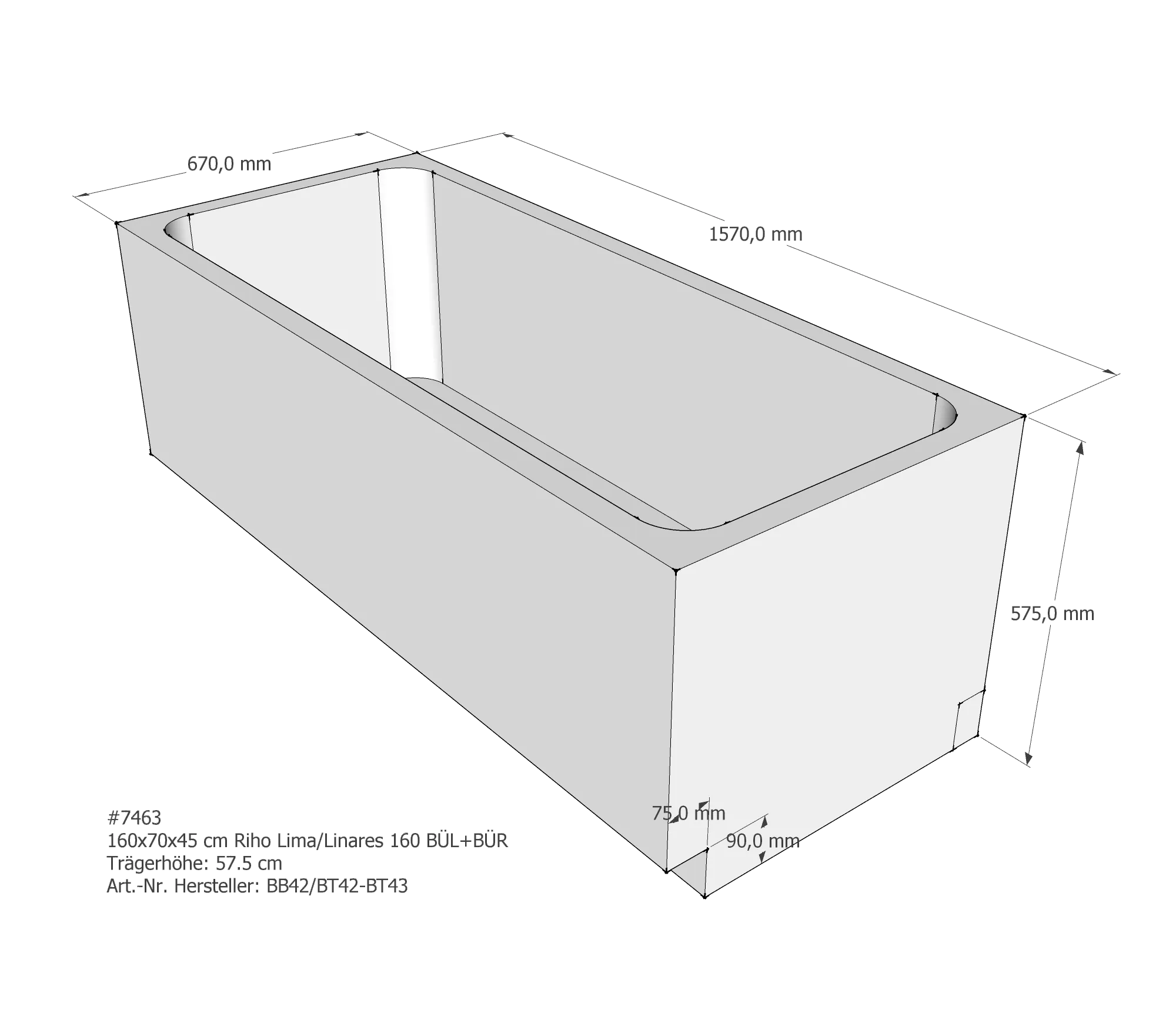 Badewannenträger passend für Riho Lima / Linares 160 × 70 × 45 cm