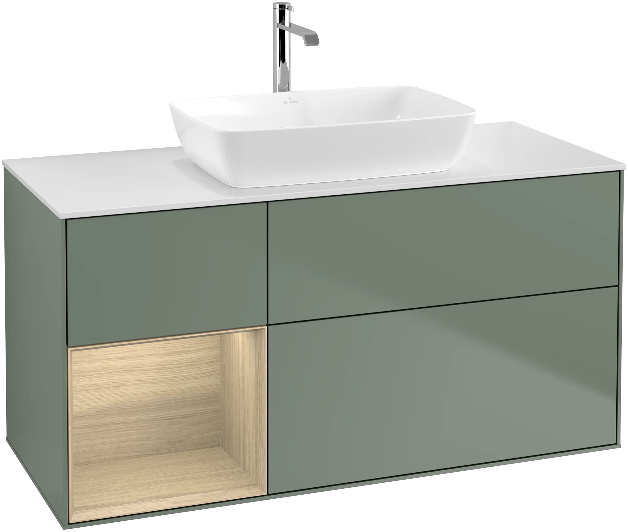 Villeroy & Boch Waschbeckenunterschrank Finion F82, 1200x603x501mm, Olive Matt Lacquer / Oak Veneer / Glass White Matt