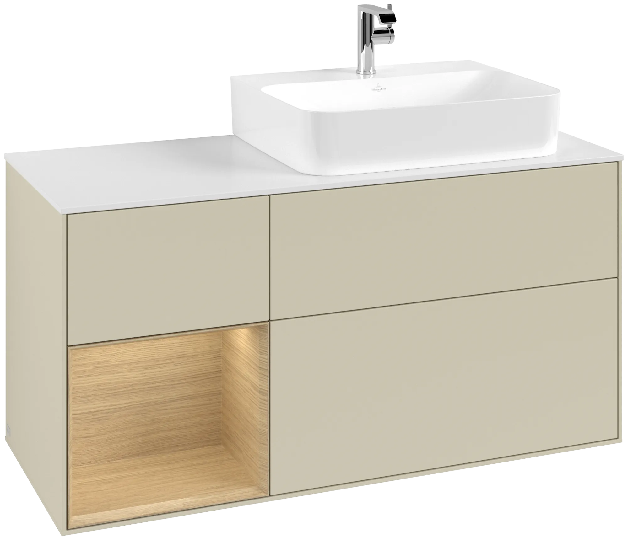 Villeroy & Boch Finion Waschbeckenunterschrank F14, 1200x603x501mm, Silk Grey Matt Lacquer / Oak Veneer / Glass White Matt