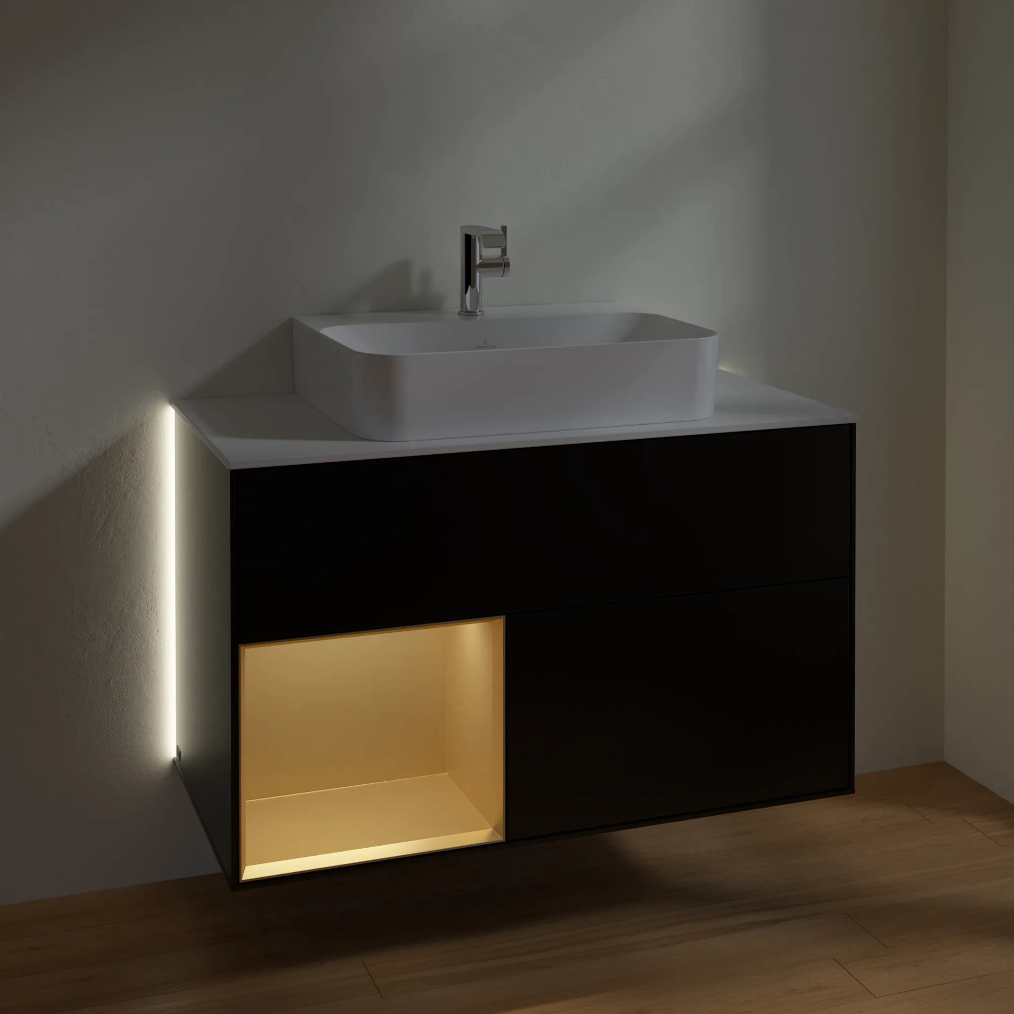 Villeroy & Boch Waschbeckenunterschrank Finion G11, 1000x603x501 mm, Black Matt Lacquer / Gold Matt Lacquer, mit Beleuchtung und SoftClosing