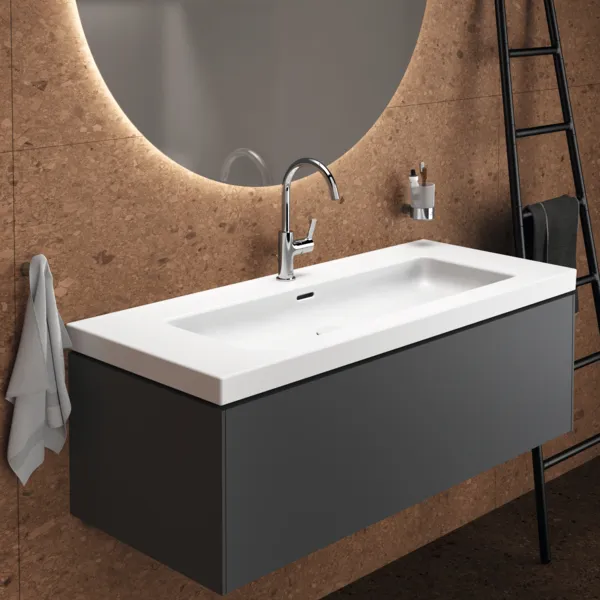 Waschbecken „Extra“ 121 × 51 × 15 cm, Hahnlochposition mittig in Seidenweiß Waschbecken „Extra“ 121 × 51 × 15 cm, Hahnlochposition mittig in Seidenweiß