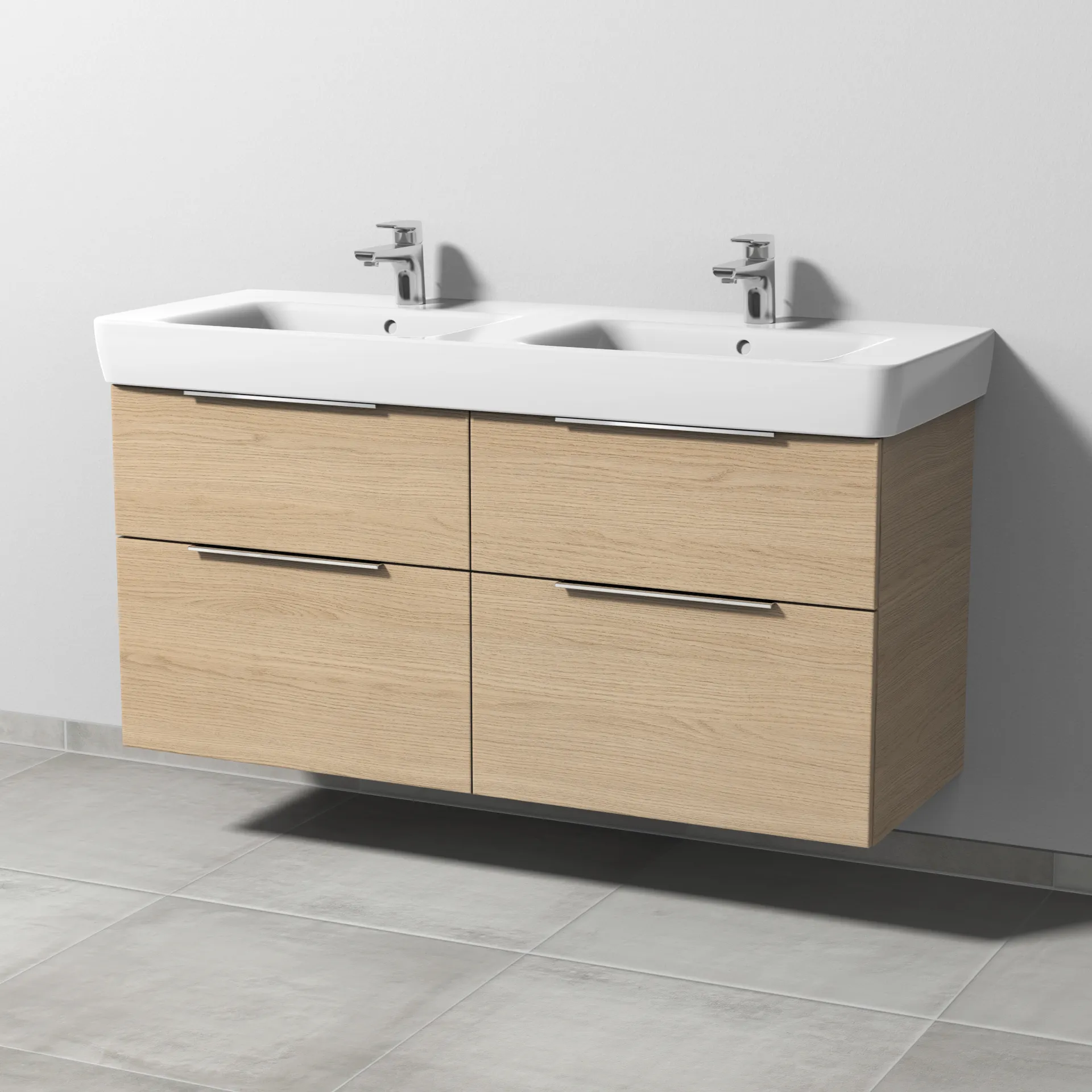 Sanipa Waschtischunterschrank „3way“ passend zu Keramik-Waschtische Renova Plan von Geberit 1240 × 588 × 407 mm in Eiche Nordic, Becken mittig
