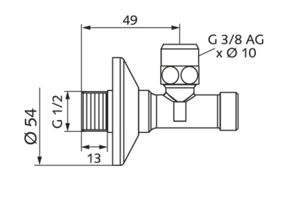 Eckventil mit Regulierfunktion und gesicherter Betätigung, Gesicherte Betätigung, Schubrosette Ø 54 mm, DN 15 G 1/2 AG, Ø 10 mm (DN 10 G 3/8 AG), chrom Eckventil mit Regulierfunktion und gesicherter Betätigung, Gesicherte Betätigung, Schubrosette Ø 54 mm, DN 15 G 1/2 AG, Ø 10 mm (DN 10 G 3/8 AG), chrom