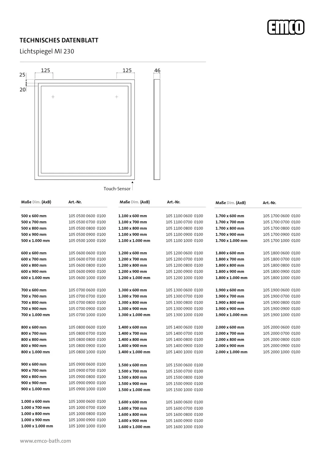 emco Lichtspiegel mit Sensorschalter „MI 230“ 50 × 100 cm