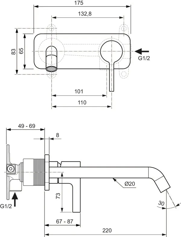 Wand-Waschtischarmatur Joy, Bausatz 2, eckige Rosette, Ausladung 220mm, Brushed Gold Wand-Waschtischarmatur Joy, Bausatz 2, eckige Rosette, Ausladung 220mm, Brushed Gold