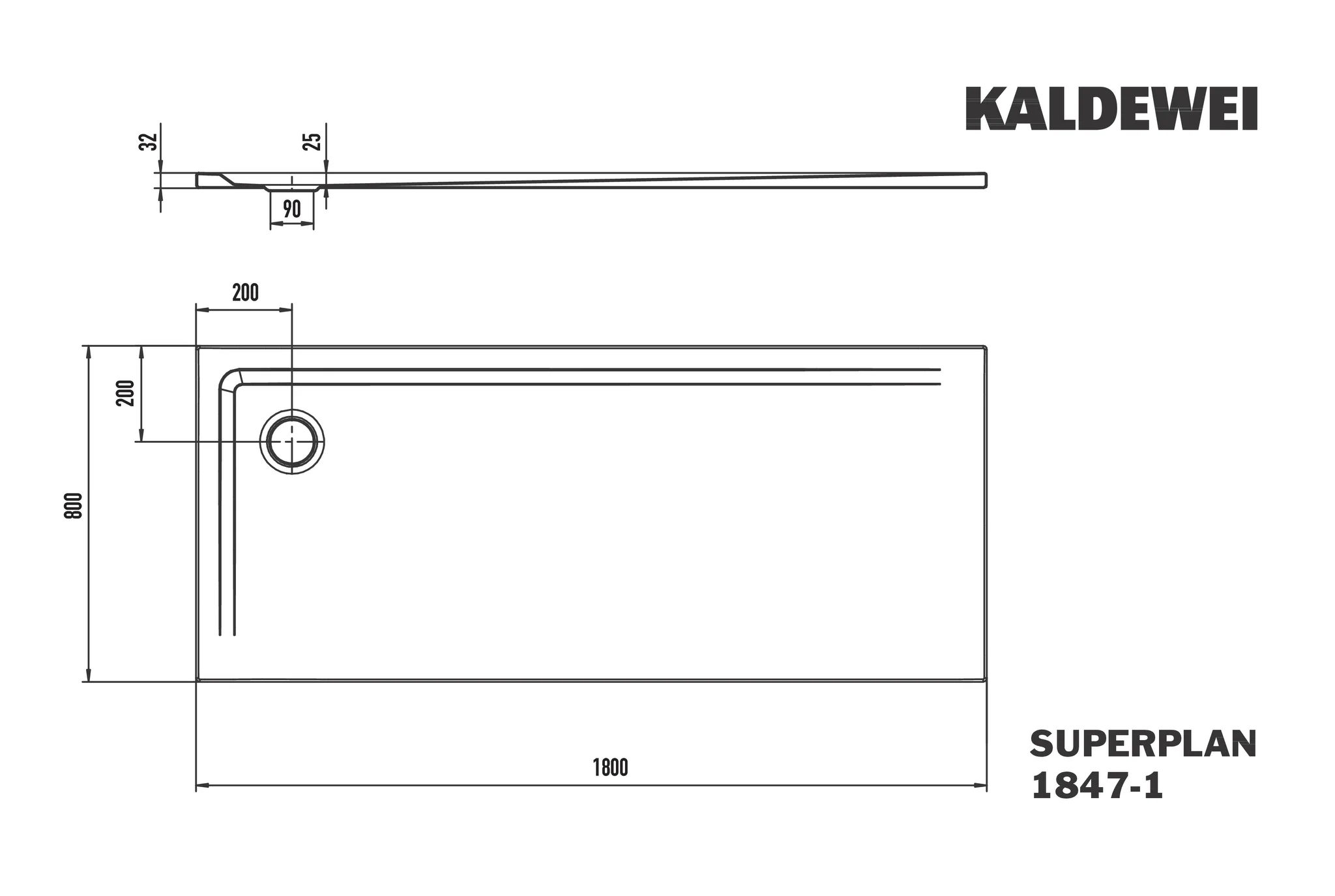 Kaldewei SUPERPLAN Duschfläche, 800x1800 mm, alpinweiß matt, Secure Plus Antislip, bodeneben, Eckablauf