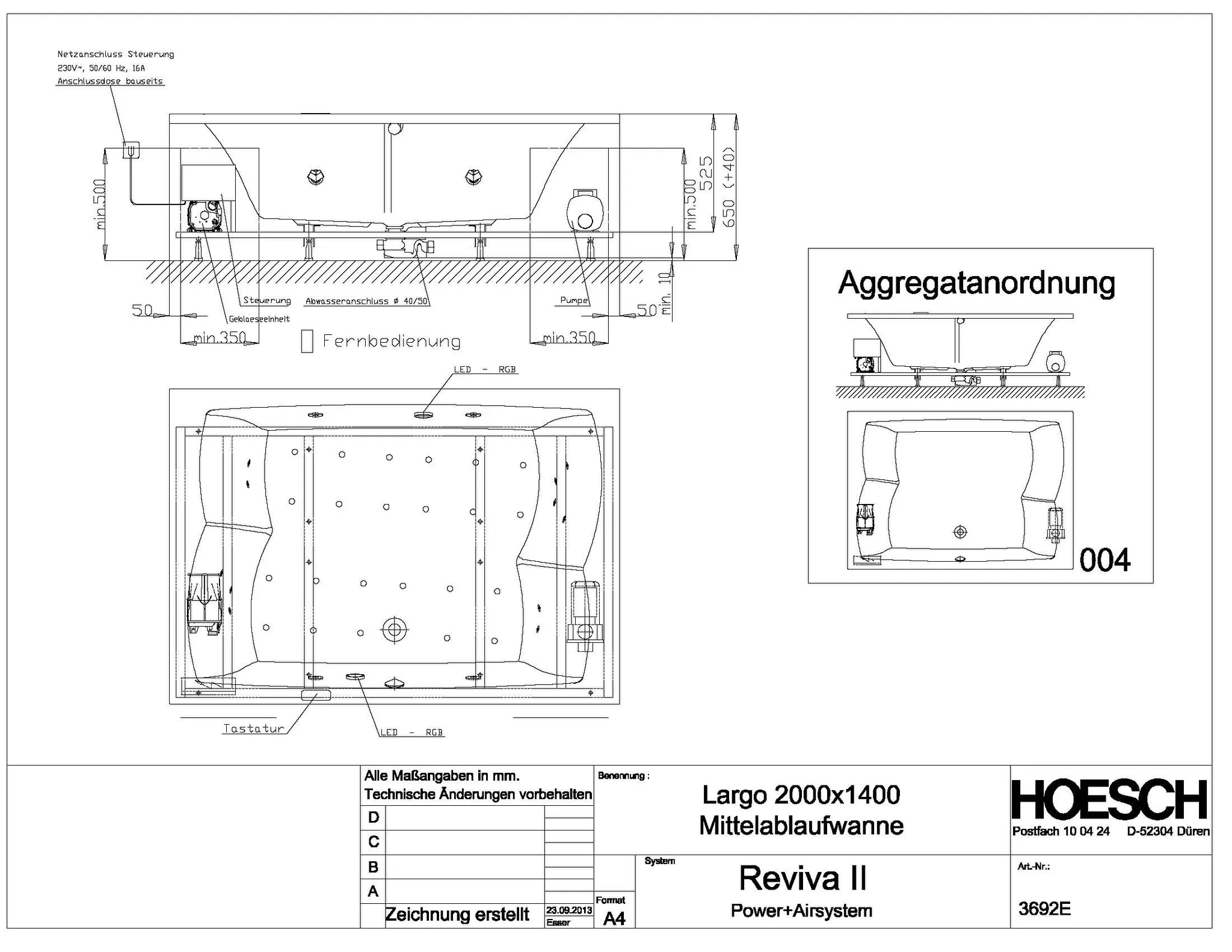 Hoesch Whirlwanne „Largo“ mit Whirlsystem „Reviva II“ rechteck 200 × 140 cm