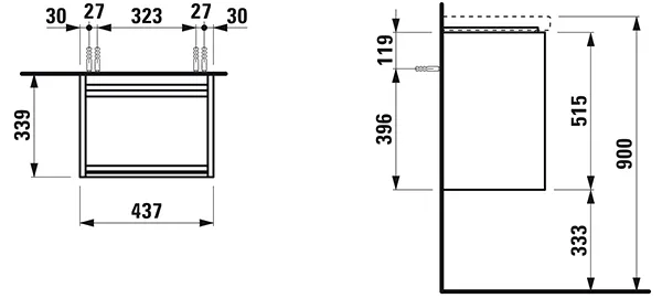 Waschtischunterbau LANI 339x437x515 1 Tür Scharnier links integrierte Griffleiste Soft-Close 1 Glasablage (fix) für Waschtisch LUA H815081 weiß matt