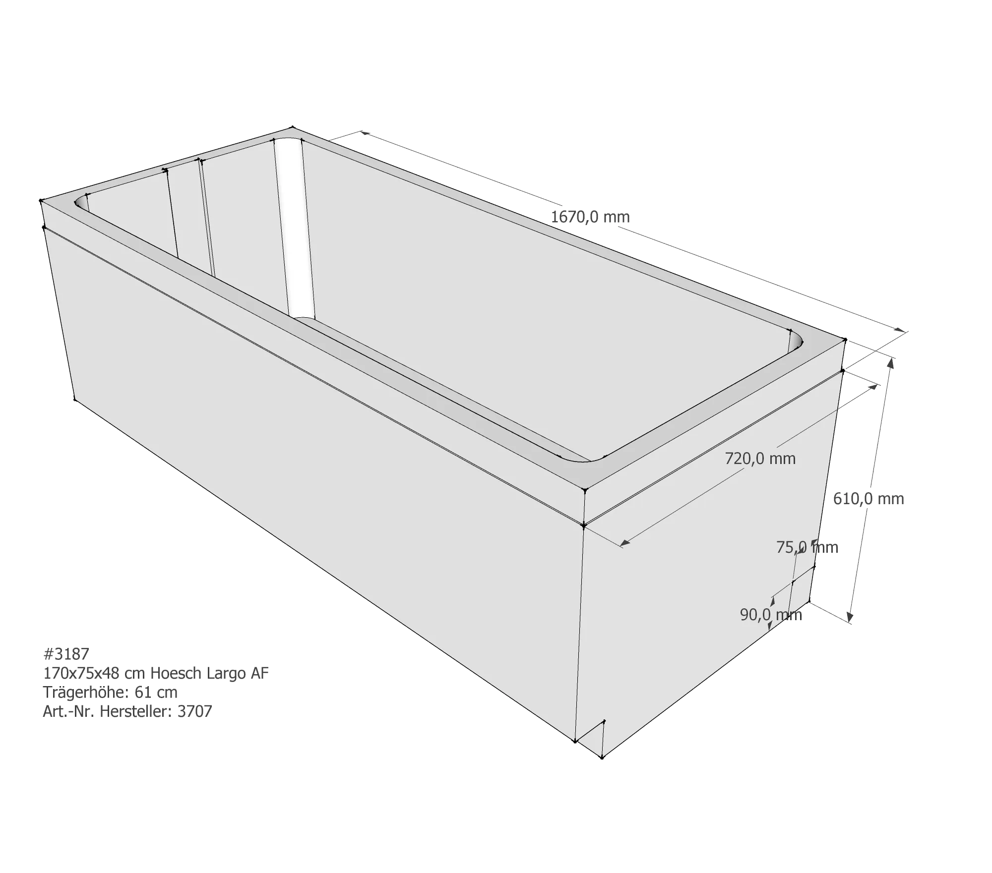 Badewannenträger passend für Hoesch Largo 170 × 75 × 48 cm