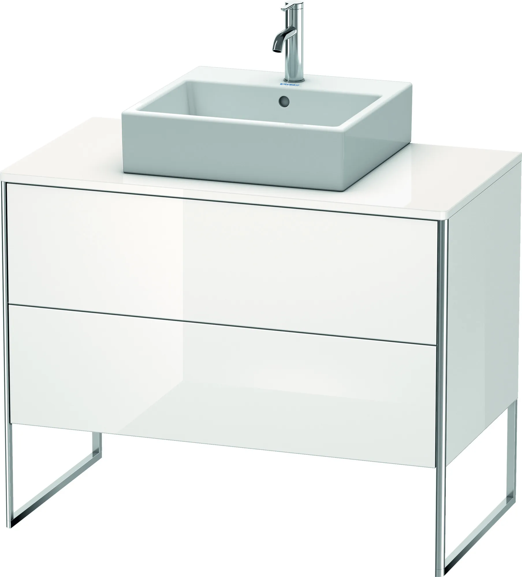 Duravit Waschtischunterschrank bodenstehend „XSquare“ 100 × 77,8 × 54,8 cm Weiß Hochglanz Becken: mittig / Front- & Korpusfarbe: Weiß Hochglanz / Größe: 100 × 54,8 × 77,8 cm / Oberfläche: Dekor / Profile: Chrom / Schubladen: 2
