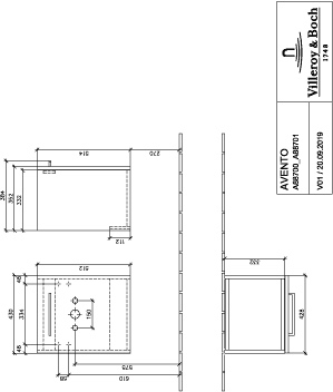 Villeroy & Boch Waschtischunterschrank mit Tür „Avento“ für Schrankwaschtisch 43 × 51,4 × 35,2 × 35,2 cm in Crystal Black, Anschlag rechts, Soft Closing, 1 Tür
