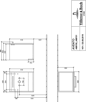 Villeroy & Boch Waschtischunterschrank mit Tür „Avento“ für Schrankwaschtisch 43 × 51,4 × 35,2 × 35,2 cm in Crystal Black, Anschlag rechts, Soft Closing, 1 Tür