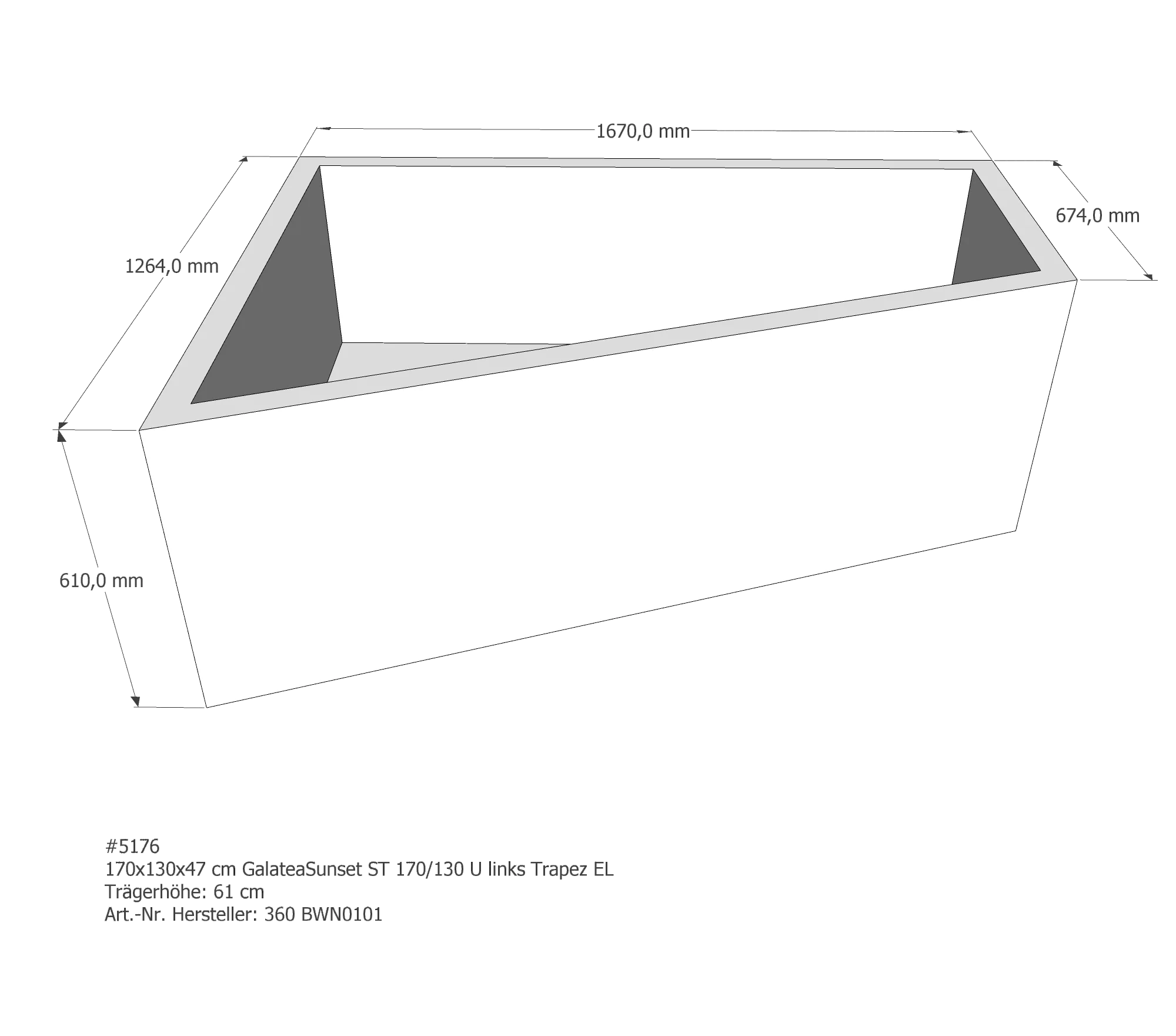 Badewannenträger für Galatea ~Sunset ST 170/130 U Ecke links links 170 × 130 × 47 cm