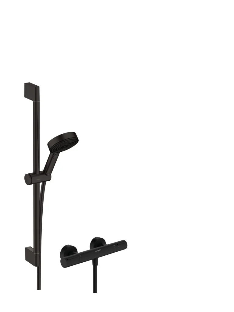 Hansgrohe Pulsify Select S Brausesystem 105 mm, 3 Strahlarten, EcoSmart mit Ecostat Element, mattschwarz, 65 cm Brausestange