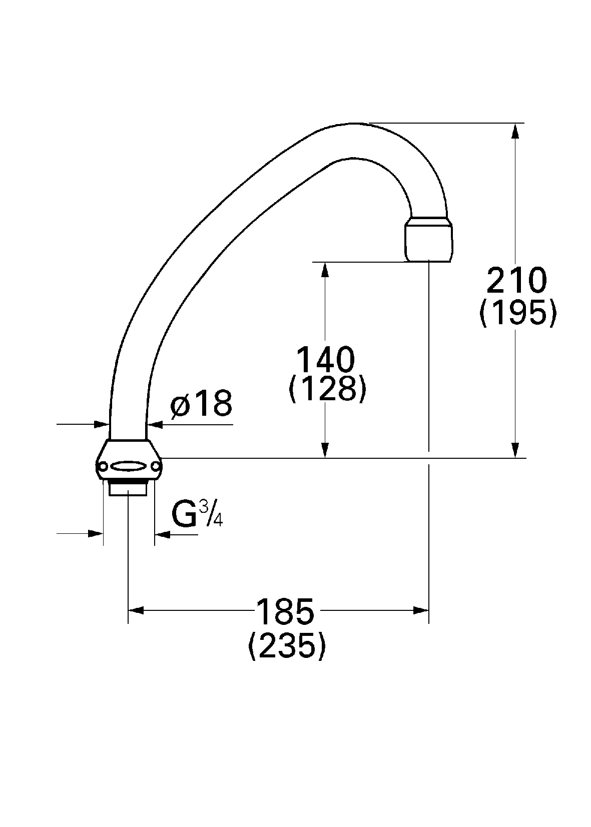 Rohrauslauf 13070, für Küchen-Standbatterien, 1/2″, Auslauf mit Mousseur, Verschraubung 3/4″, Ausladung 185 mm, chrom