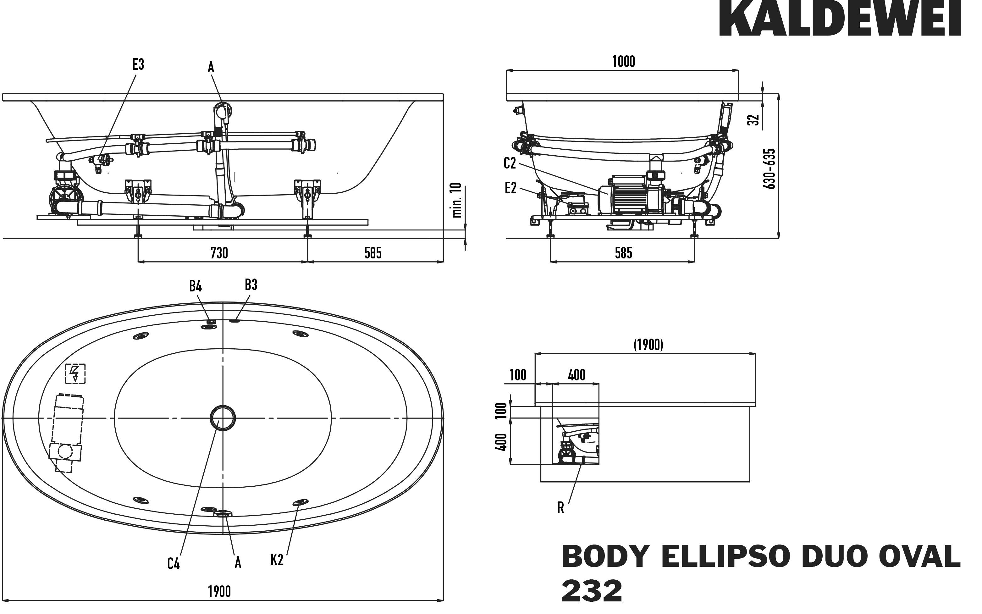 Kaldewei Whirlwanne „Ellipso Duo Oval“ 190 × 100 cm, links mit Aquamassage Body, in alpinweiß