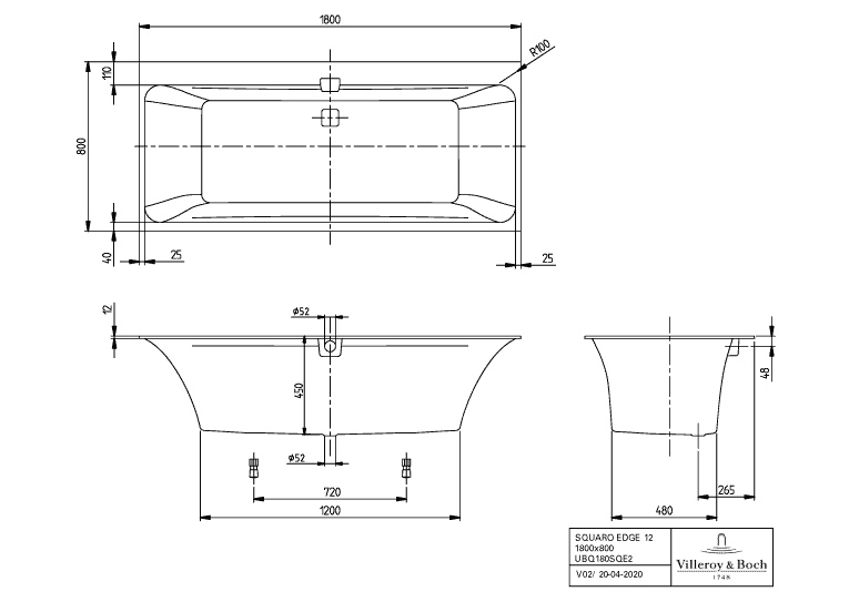 Villeroy & Boch Badewanne inkl. Wannenträger, Ab-& Überlaufgarnitur und Wasserzulauf „Squaro Edge 12“ rechteck 180 × 80 cm