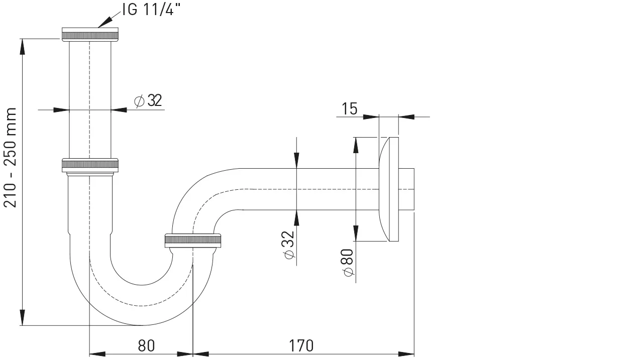 Röhrengeruchverschluss 1 1/4″ x 32 mm Verstellrohr 150 mm, Abgangsbogen 170 mm Röhrengeruchverschluss 1 1/4″ x 32 mm Verstellrohr 150 mm, Abgangsbogen 170 mm