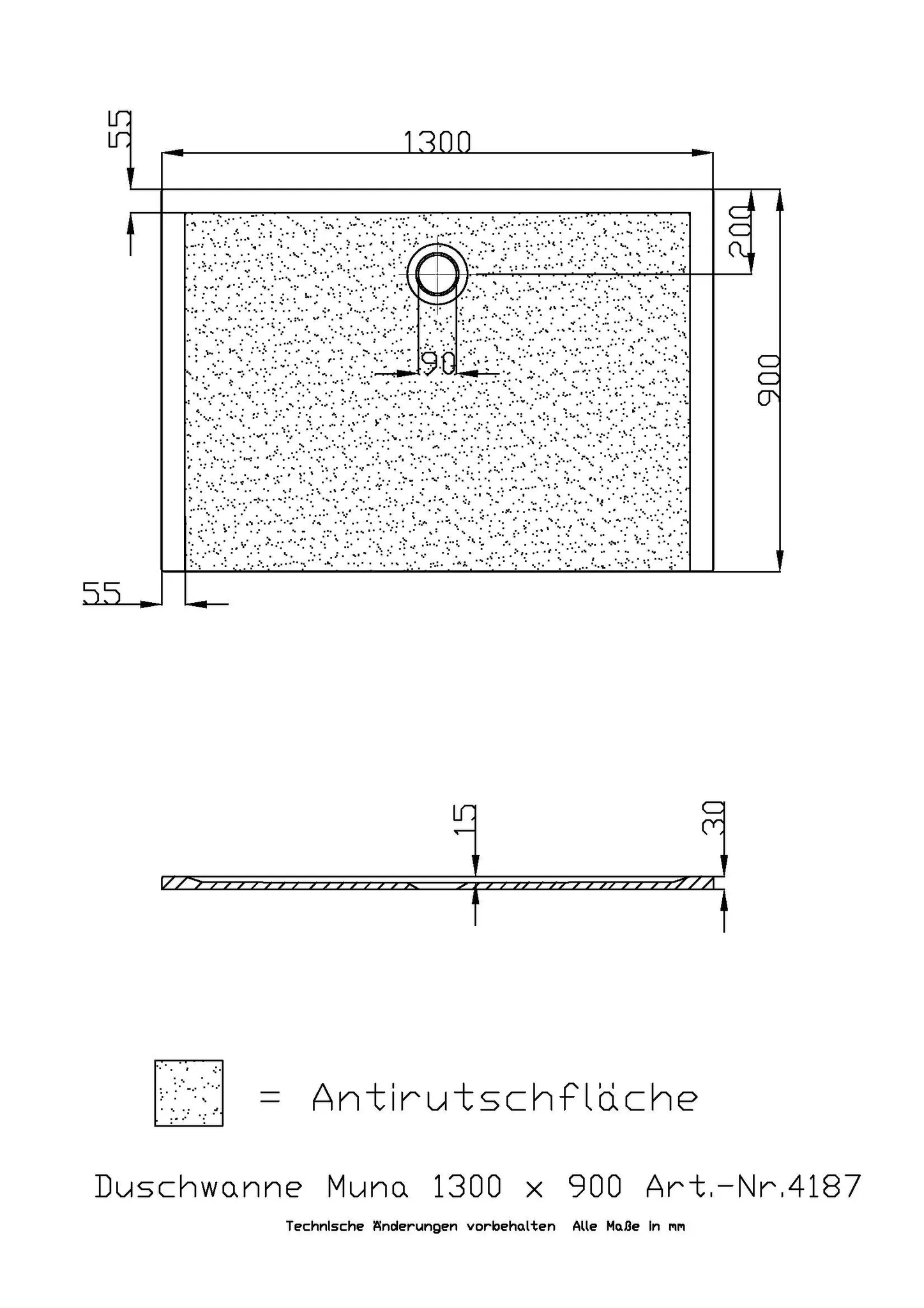 Duschwanne „Muna“ Rechteck 130 × 90 cm in Weiß Matt