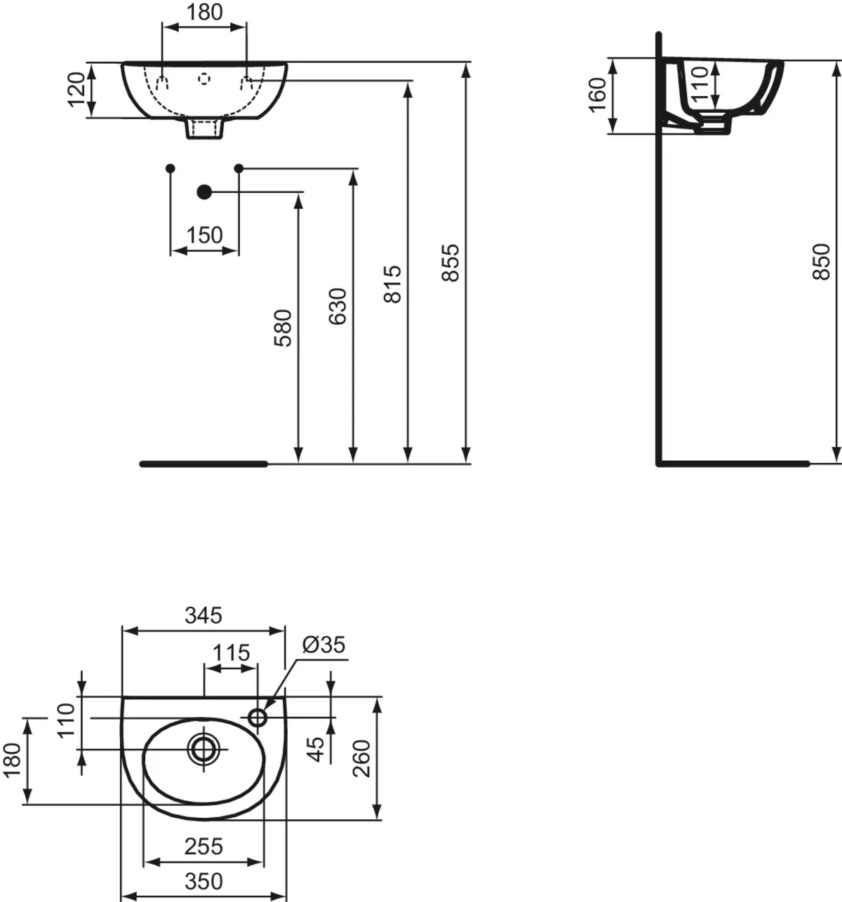 Ideal Standard Handwaschbecken Eurovit, Keramik (Kristallporzellan), weiß, 350x260x160 mm, 1 Hahnloch rechts Ideal Standard Handwaschbecken Eurovit, Keramik (Kristallporzellan), weiß, 350x260x160 mm, 1 Hahnloch rechts