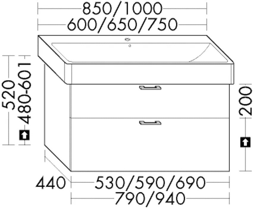 Waschtischunterschrank Sys30 von burgbad - 440x530x520 mm, 1 Schublade oben, 1 Auszug unten, für Geberit Renova Plan