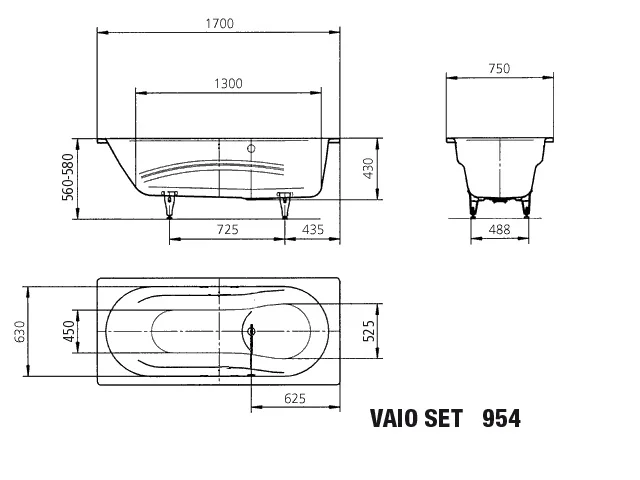 Kaldewei VAIO SET Badewanne, 1700x750 mm, pergamon, Sonderüberlauf