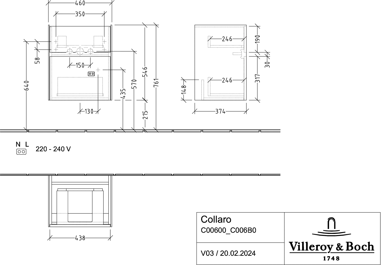 Villeroy & Boch Waschtischunterschrank „Collaro“ 460 × 546 × 374 mm Stone Oak, für Becken mittig, ohne Beleuchtung Villeroy & Boch Waschtischunterschrank „Collaro“ 460 × 546 × 374 mm Stone Oak, für Becken mittig, ohne Beleuchtung