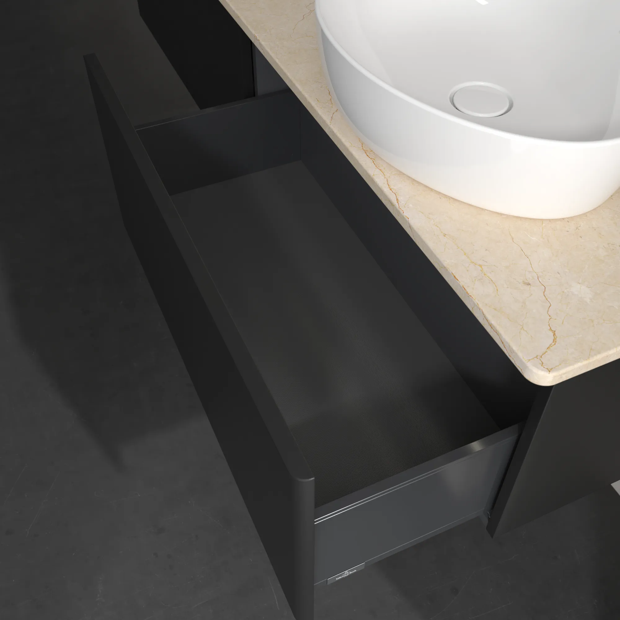 Villeroy & Boch Waschtischunterschrank „Antao“ 1600 × 360 × 500 mm Black Matt Lacquer, für Becken rechts, mit Beleuchtung Villeroy & Boch Waschtischunterschrank „Antao“ 1600 × 360 × 500 mm Black Matt Lacquer, für Becken rechts, mit Beleuchtung