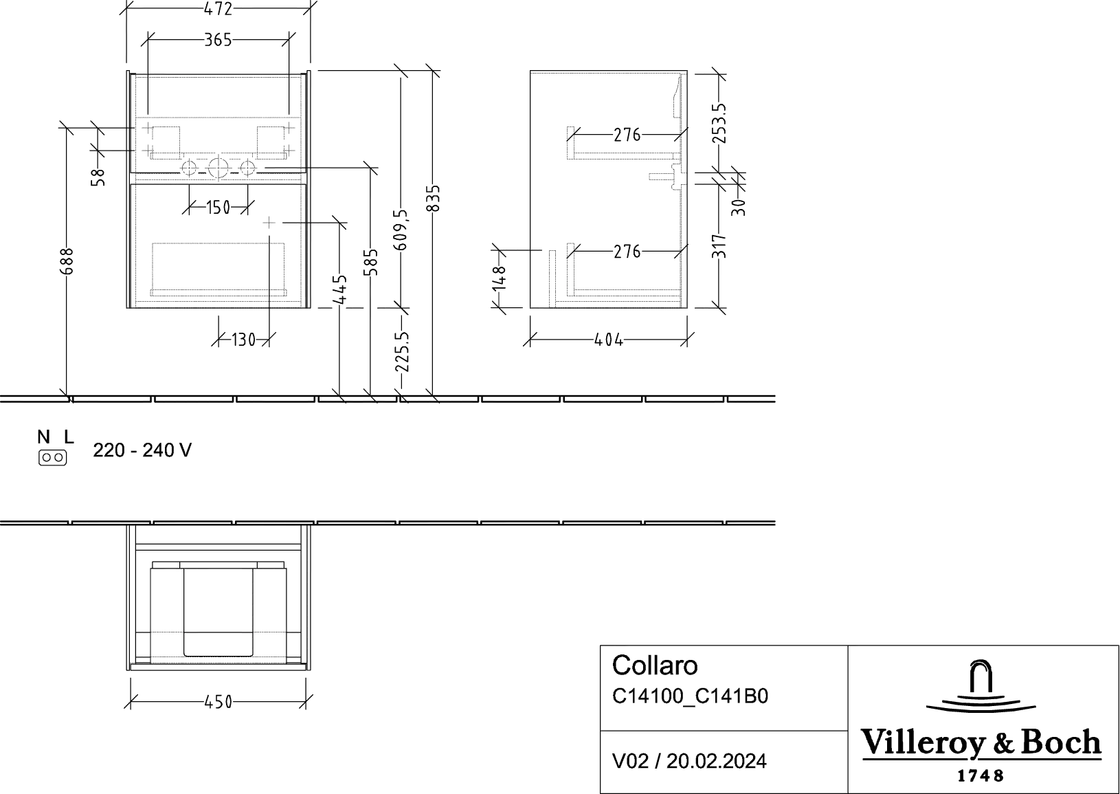 Villeroy & Boch Collaro Waschbeckenunterschrank C141B0, 472 x 610 x 404 mm, Graphite