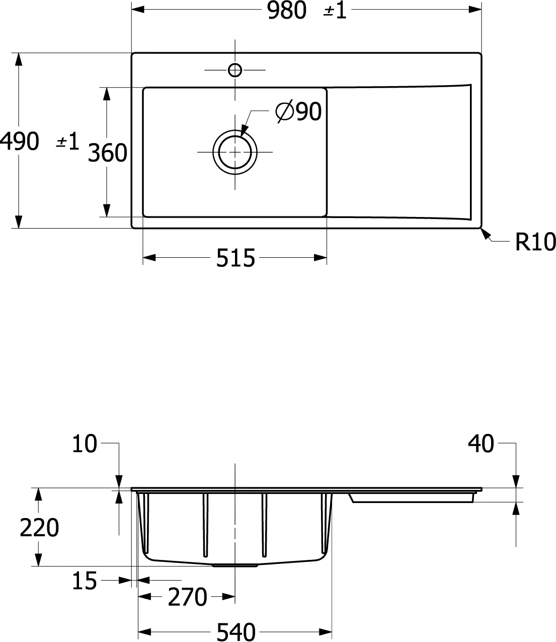 Villeroy & Boch flächenbündiges Küchenspülbecken „Subway Style“ 60 flat 980 × 490 × 220 mm, für Becken links in Graphite