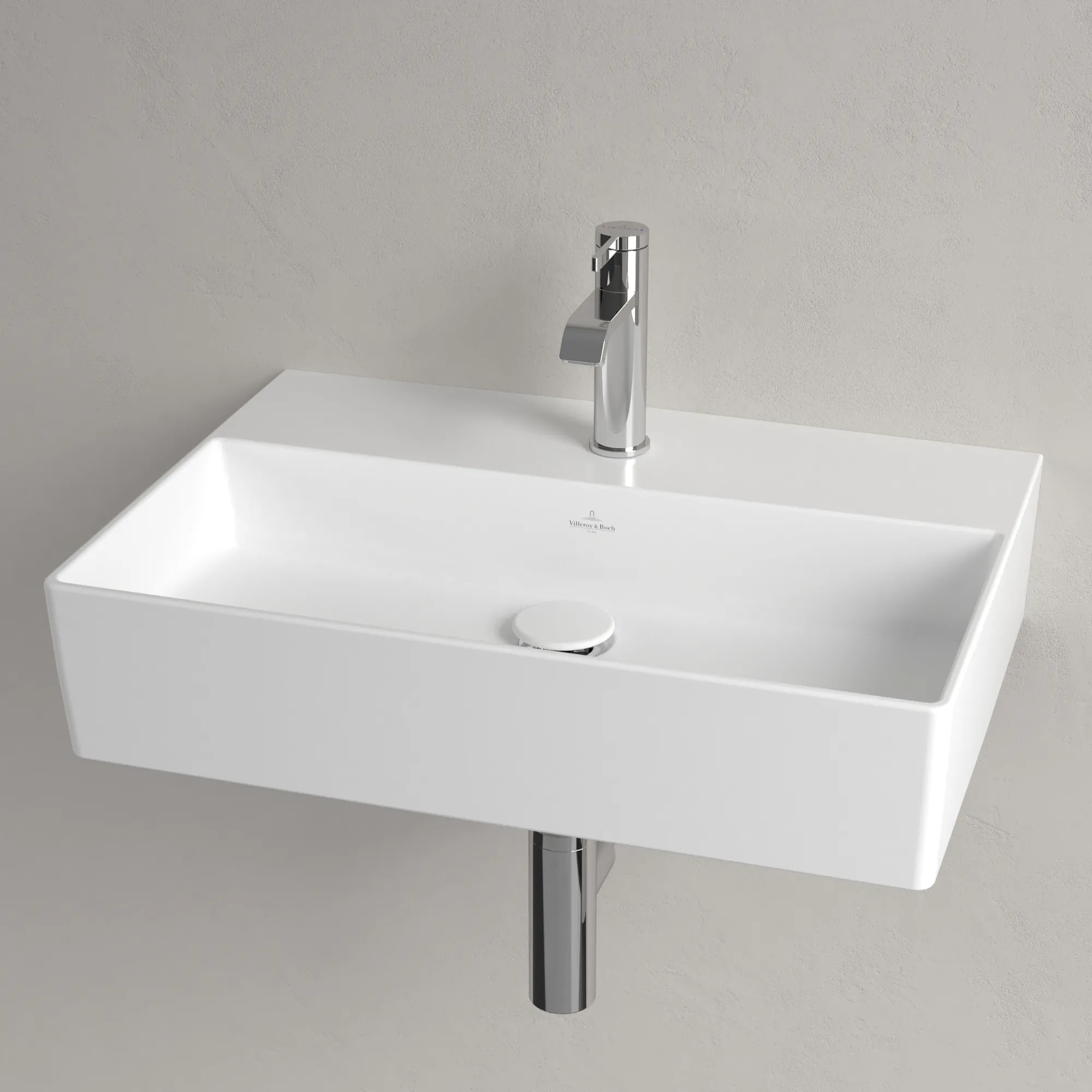 Villeroy & Boch Wandwaschtisch aus TitanCeram geschliffen „Memento 2.0“ 600 × 420 × 135 mm, mit Hahnlochbohrung, Hahnlochposition mittig in Stone White