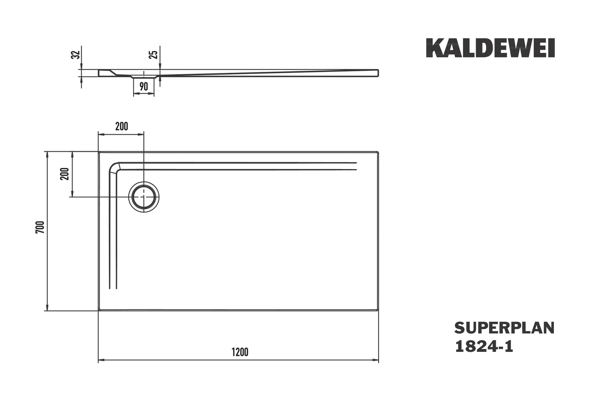 Kaldewei SUPERPLAN Duschfläche 700x1200 mm, cool grey 40, Invisible Grip, bodengleich, Eckablauf