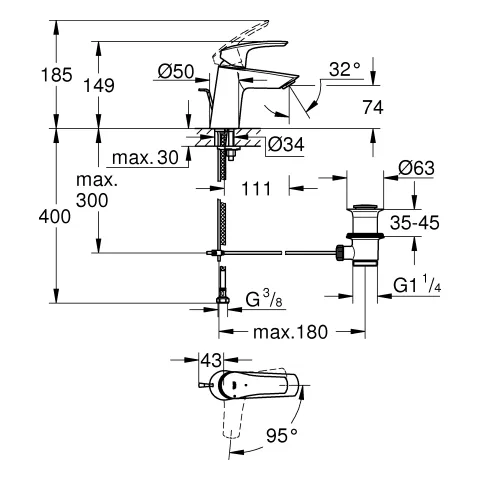 EH-Waschrischbatterie 23969, S-Size, geneigt Version, Mittelstellung kalt, Zugstangen-Ablaufgarnitur, chrom EH-Waschrischbatterie 23969, S-Size, geneigt Version, Mittelstellung kalt, Zugstangen-Ablaufgarnitur, chrom