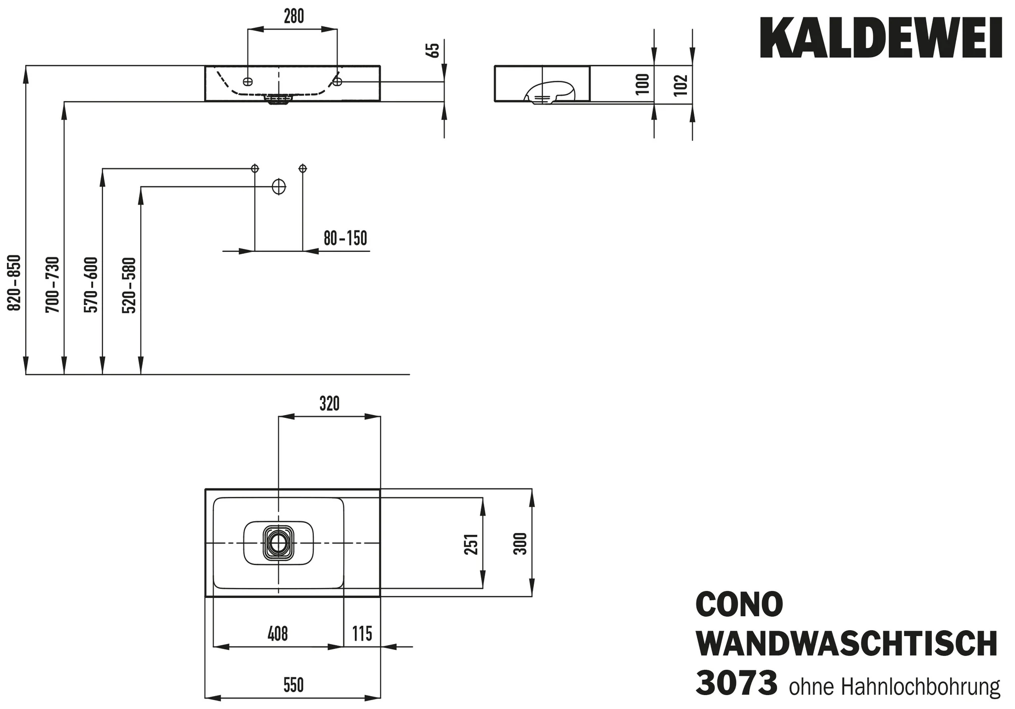 Kaldewei CONO Wand-Handwaschtisch, alpinweiß matt, 550x300 mm, Linksausführung, Perl-Effekt, Antidröhn ohne Überlauf