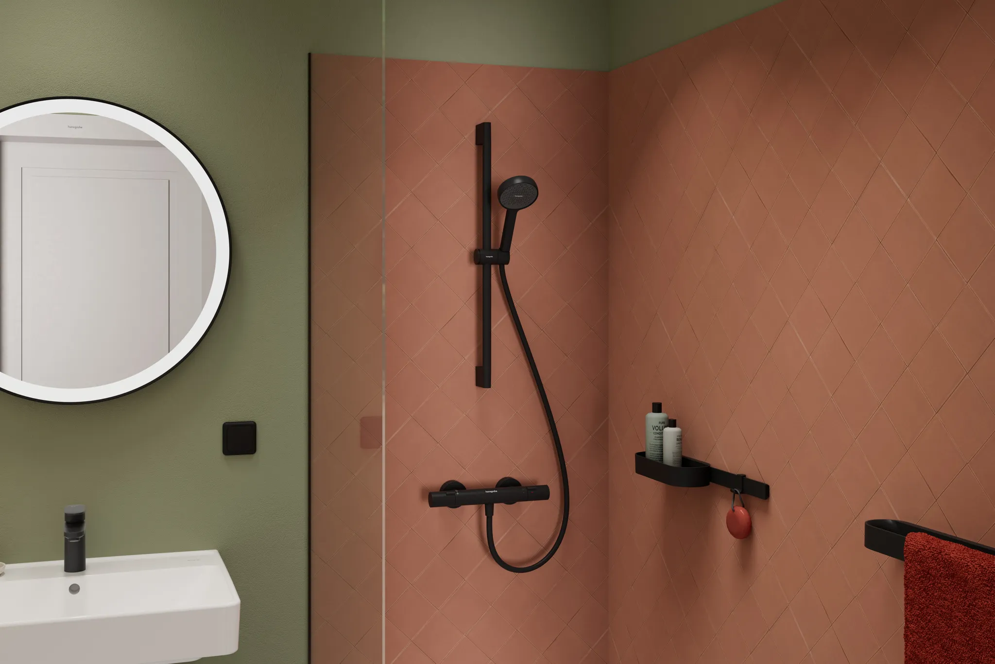 Hansgrohe Activera S Brauseset EcoSmart, 95 mm Brausekopf, Rain Strahl, mattschwarz, 65 cm Brausestange