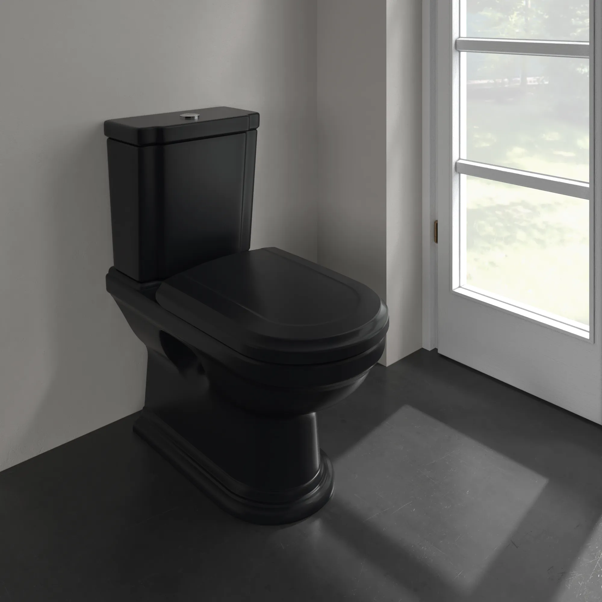 Stand-Tiefspül-WC für Kombination mit Spülkasten „Hommage“ 37 × 39 × 72,5 cm in Pure Black mit CeramicPlus, mit Spülrand