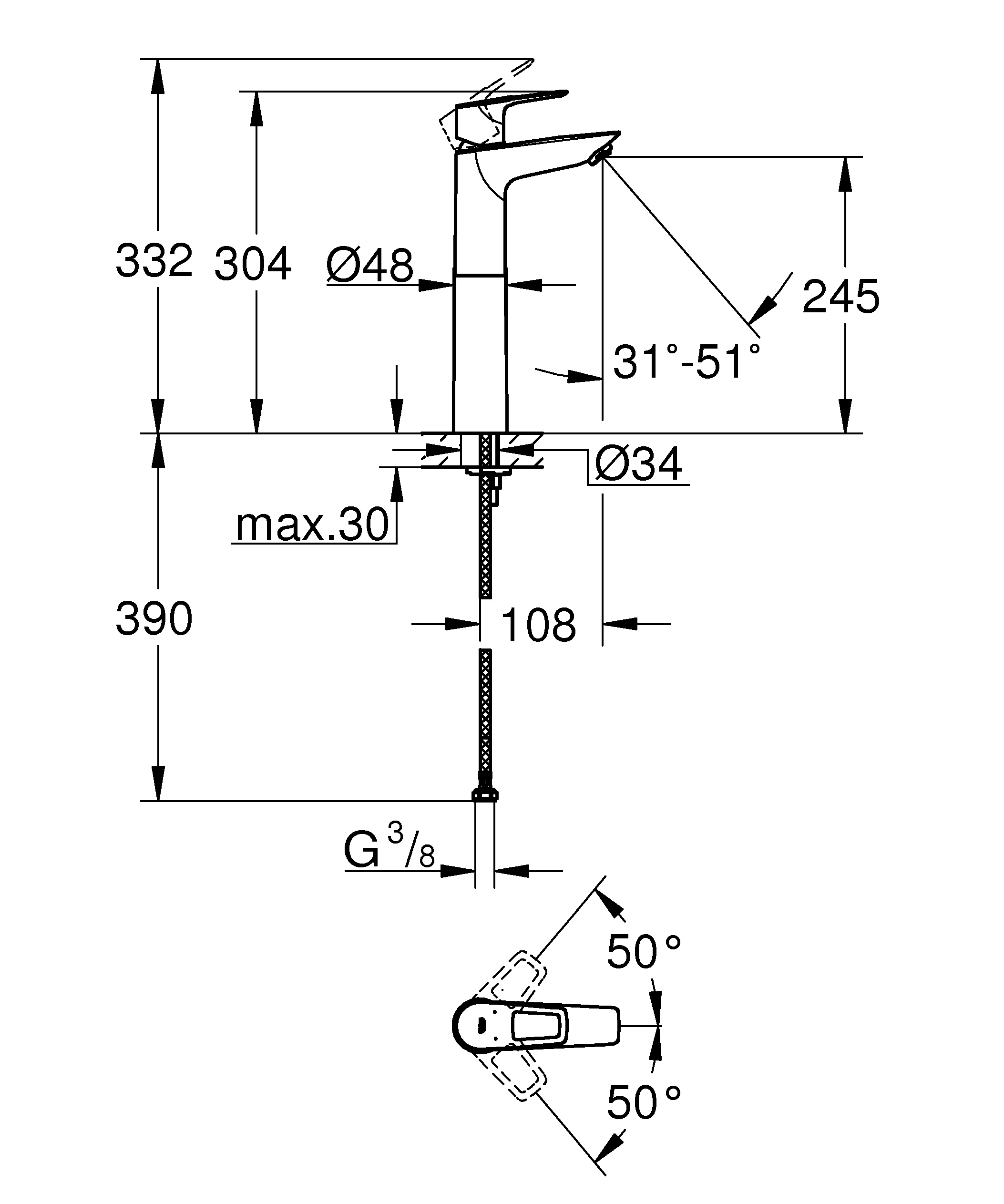 Einhand-Waschtischbatterie BauLoop 23764_1, XL-Size, für freistehende Waschschüsseln, glatter Körper, Einlochmontage, mit Temperaturbegrenzer, EcoJoy Mousseur 5,7 l/min, chrom