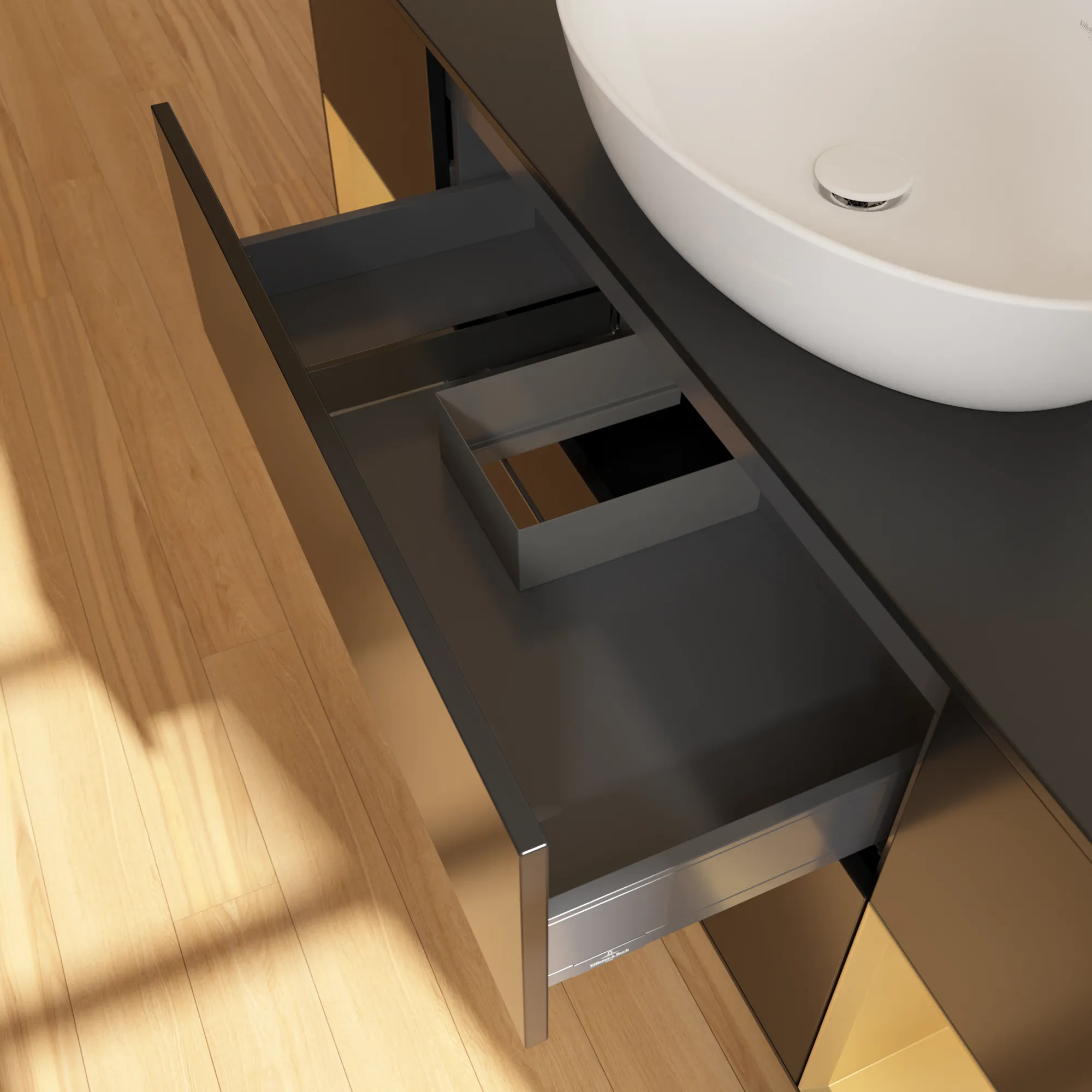 Villeroy & Boch Waschtischunterschrank „Finion“ für Schrankwaschtisch 1600 × 603 × 501 mm Black Matt Lacquer, für Becken mittig, ohne Hahnlochbohrung