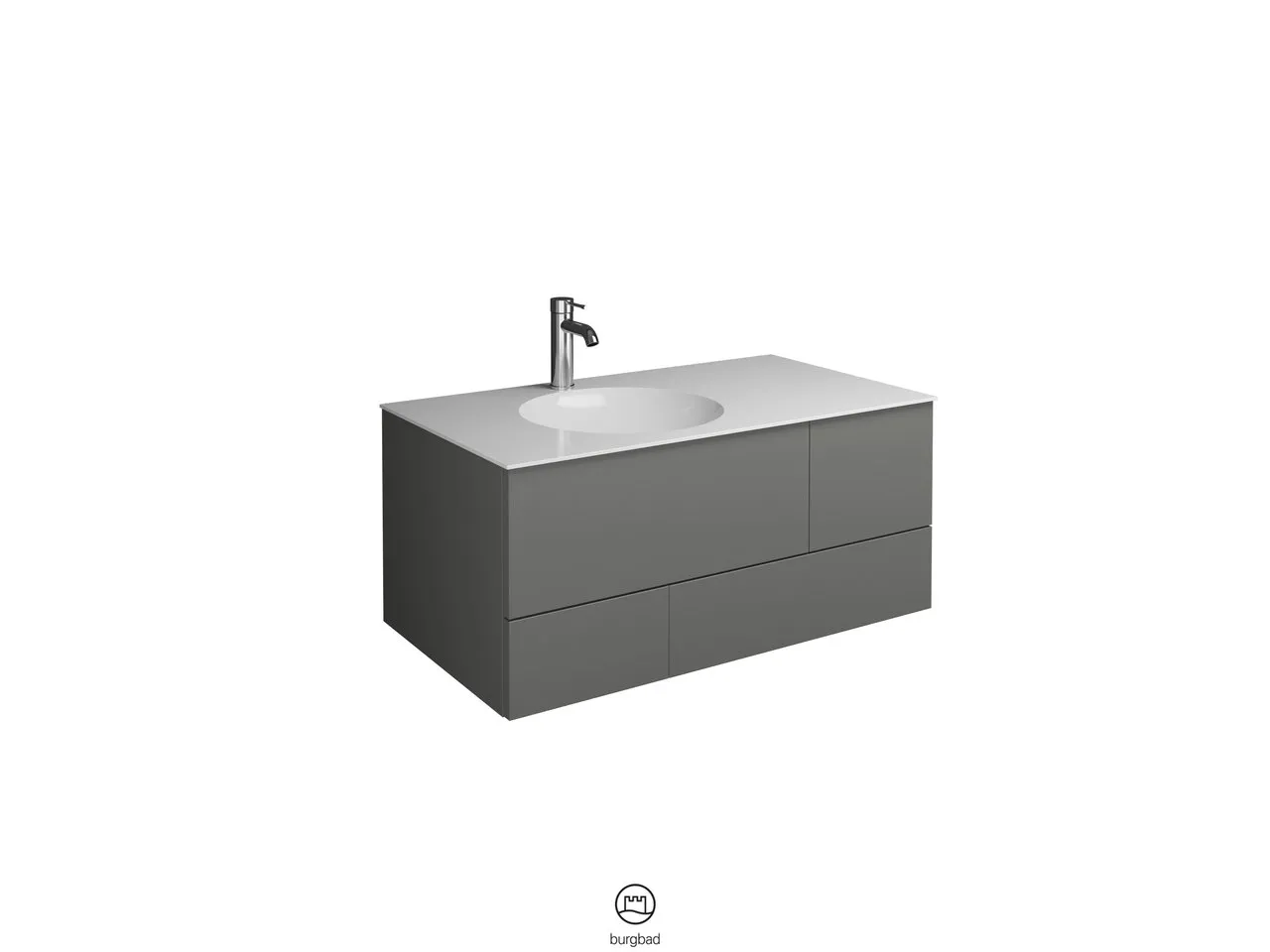 Coco Mineralguss-Waschtisch inkl. Waschtischunterschrank, 90 x 370 mm Muldentiefe, 1 Schublade oben mit Siphonausschnitt, 1 Schublade unten, 1 Metallbox, inkl. burgbad cleanFlow, H: 406 mm, B: 906 mm, T: 505 mm