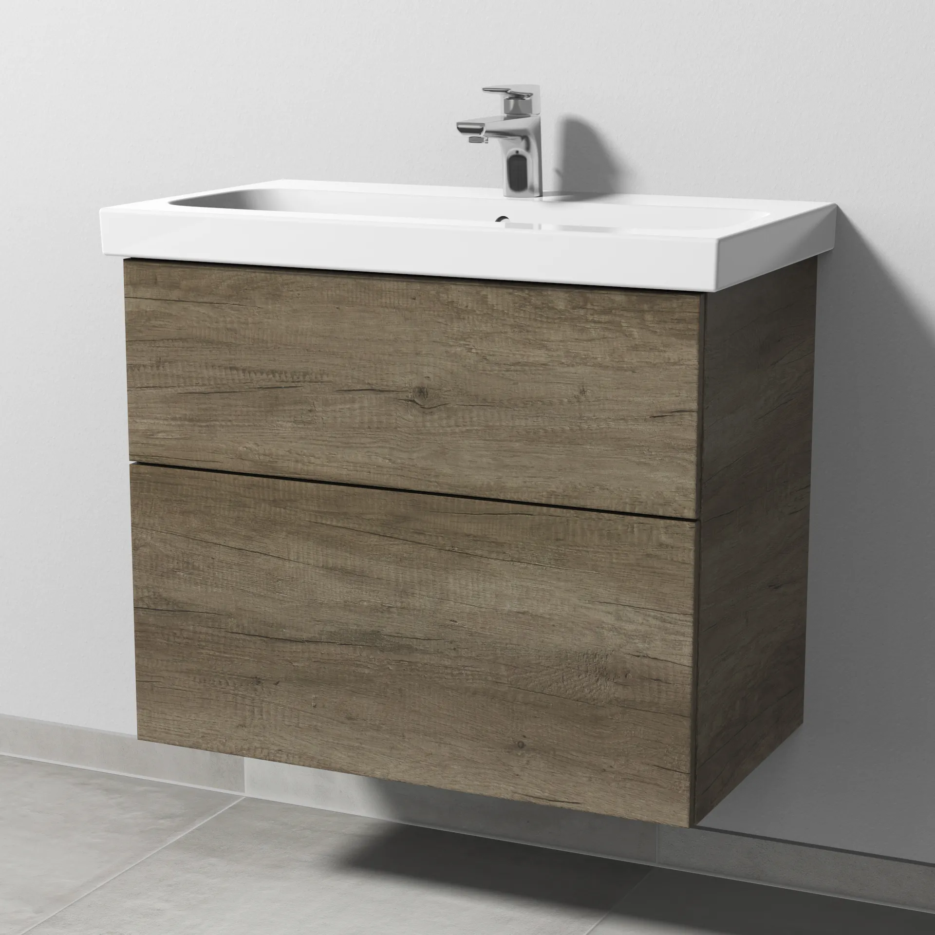 Sanipa Waschtischunterschrank „3way“ passend zu Keramik-Waschtische iCon Light von Geberit 700 × 591 × 407 mm in Eiche Nebraska, Becken mittig, mit