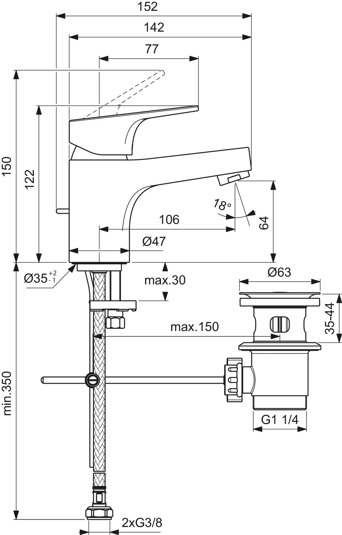 Waschtischarmatur H60 Cerabase mit Metall-Ablaufgarnitur Ausladung 106mm Chrom