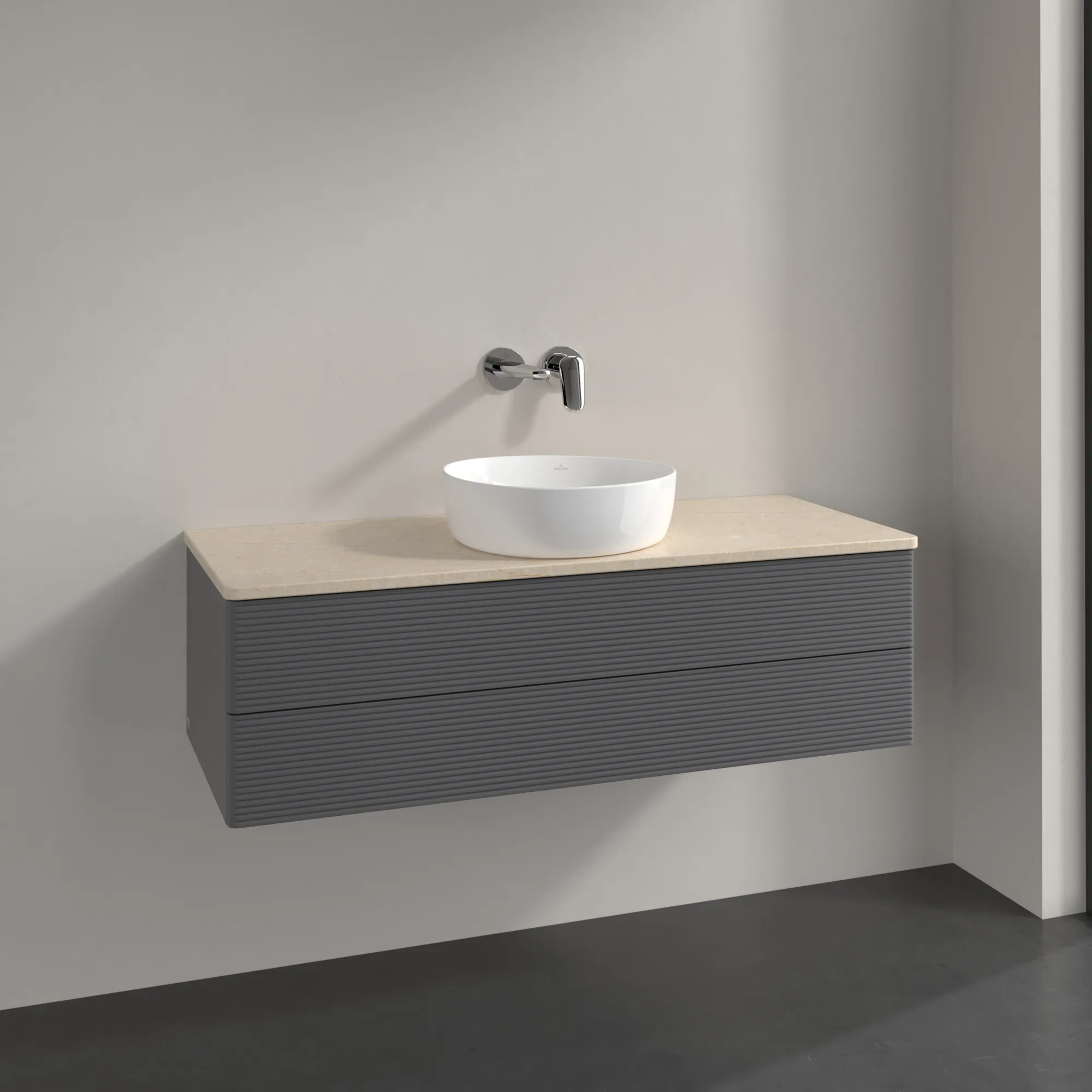 Villeroy & Boch Waschtischunterschrank „Antao“ 1200 × 360 × 500 mm Anthracite Matt Lacquer, für Becken mittig, ohne Beleuchtung Villeroy & Boch Waschtischunterschrank „Antao“ 1200 × 360 × 500 mm Anthracite Matt Lacquer, für Becken mittig, ohne Beleuchtung