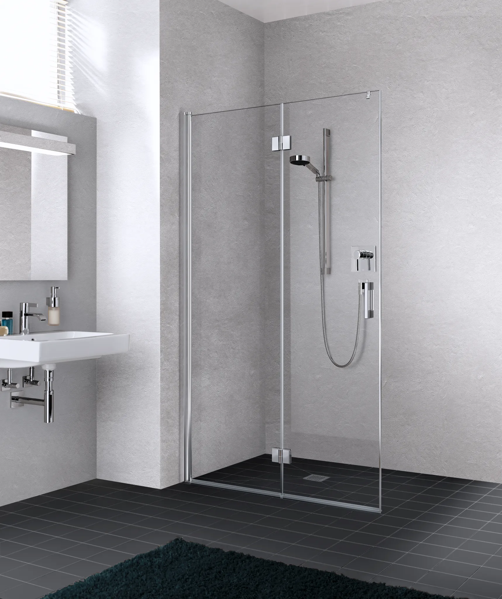 Kermi Duschdesign Walk-In-Duschkabine WALK-IN Wall Pendel-Falt links „LIGA“ Profile Silber Mattglanz, BV: 775 - 800 mm WE: 785 - 810 mm H: 1850 mm