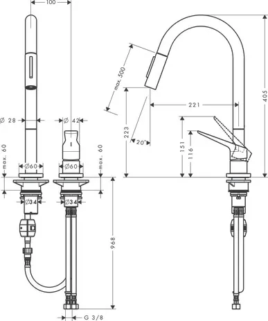 2-Loch Spültischmischer Axor Citterio M chrom mit Ausziehbrause 2-Loch Spültischmischer Axor Citterio M chrom mit Ausziehbrause