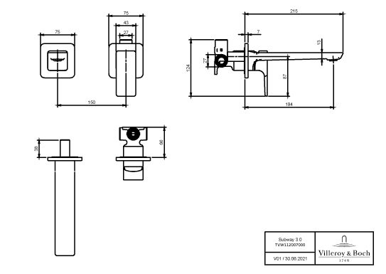 Einhand-Unterputz-Armatur „Subway 3.0“ 21,5 cm Ausladung 194 mm in Chrom