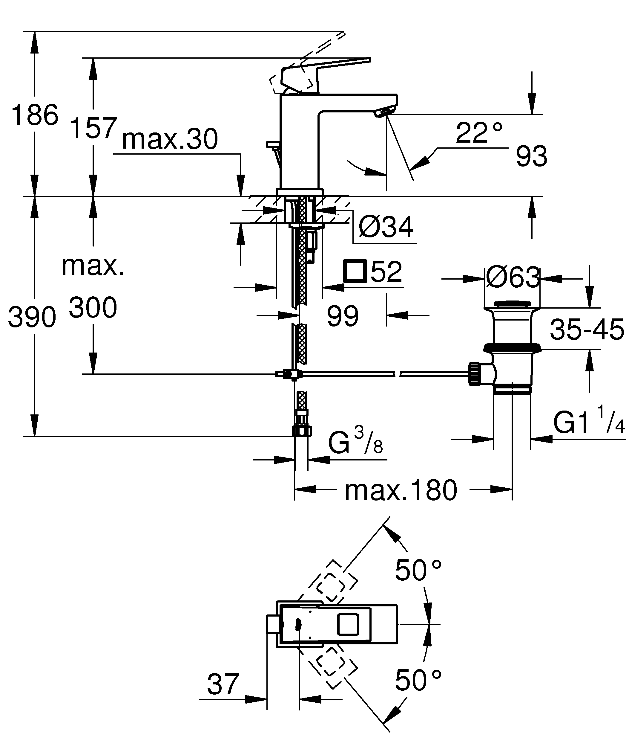 Einhand-Waschtischbatterie Eurocube 23127, S-Size, Einlochmontage, Zugstangen-Ablaufgarnitur 1 1/4'', chrom