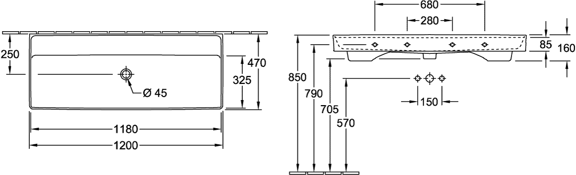Villeroy & Boch Schrankwaschtisch aus TitanCeram „Collaro“ 1200 × 470 × 160 mm, ohne Hahnlochbohrung in Weiß Alpin