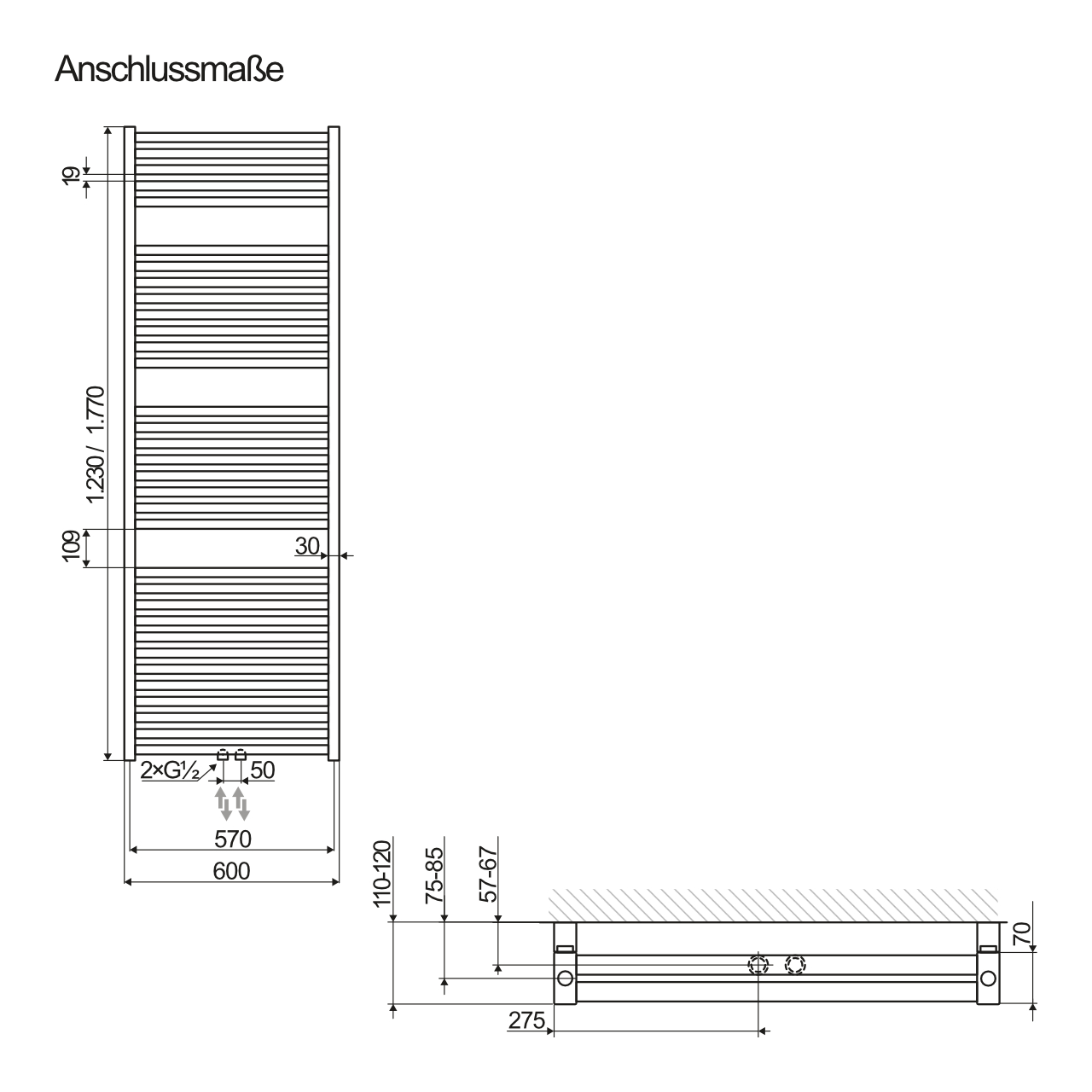 HSK Design-Heizkörper „Line Two“ 60 × 123 cm in Anthrazit